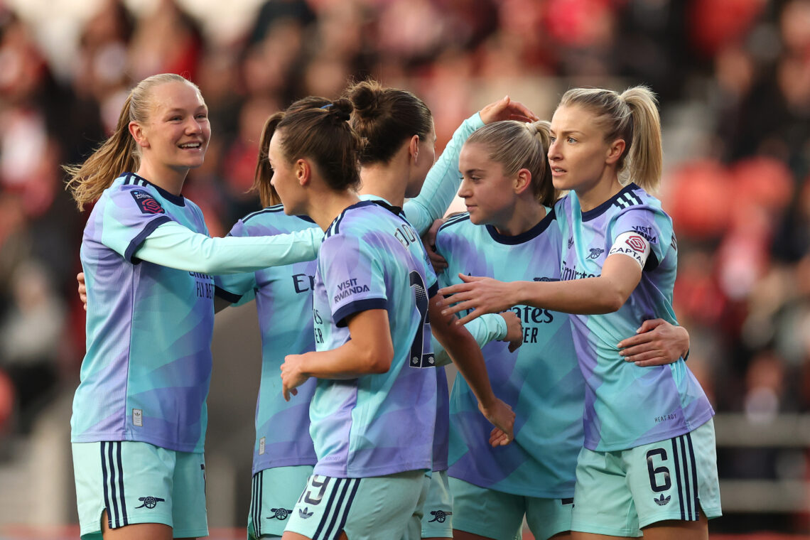 ST HELENS, ENGLAND - DECEMBER 15: Alessia Russo of Arsenal celebrates scoring their teams first goal with team mates during the Barclays Women's Su...
