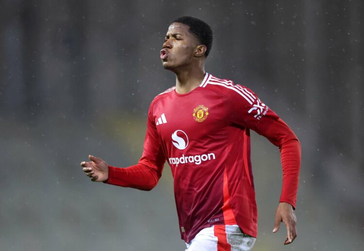 LEIGH, ENGLAND - DECEMBER 18: Chido Obi of Manchester United celebrates scoring his team's fourth goal during The FA Youth Cup Third round match be...