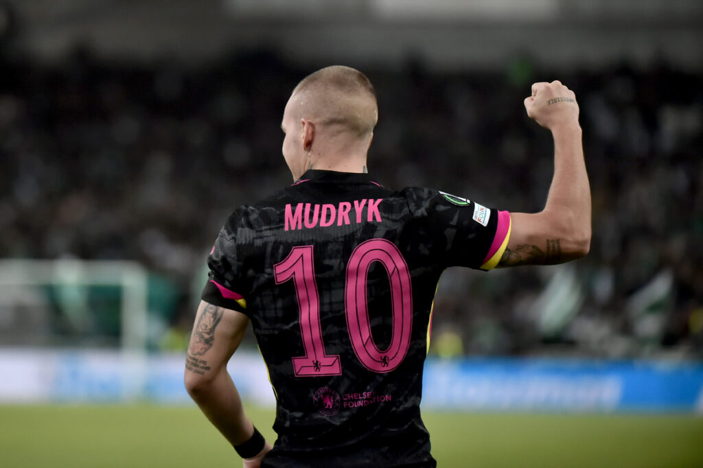 ATHENS, GREECE - OCTOBER 24: Mykhailo Mudryk of Chelsea celebrates a goal during the UEFA Conference League 2024/25 League Phase MD2 match between Panathinaikos FC and Chelsea FC at Olympic Athletic Center of Athens Spyridon Louis or OAKA on October 24, 2024 in Athens, Greece. (Photo by Milos Bicanski/Getty Images)