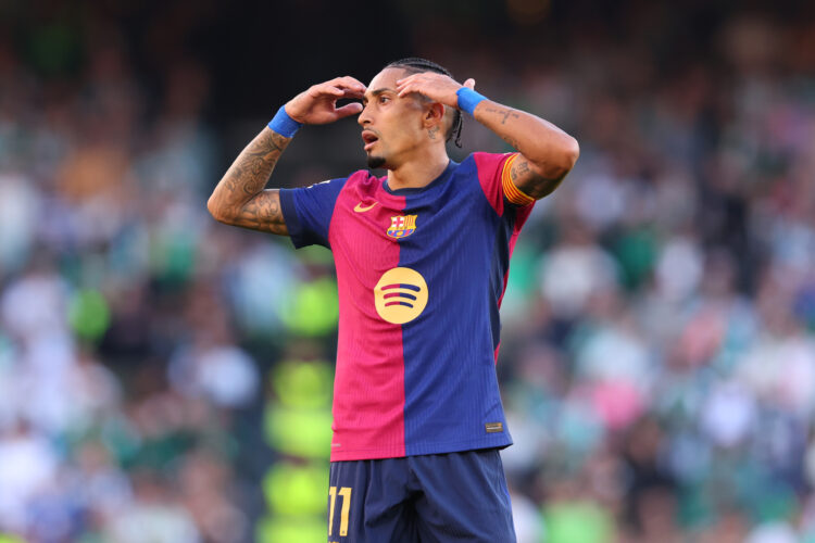 SEVILLE, SPAIN - DECEMBER 07: Raphinha of FC Barcelona reacts during the LaLiga match between Real Betis Balompie and FC Barcelona at Estadio Benit...