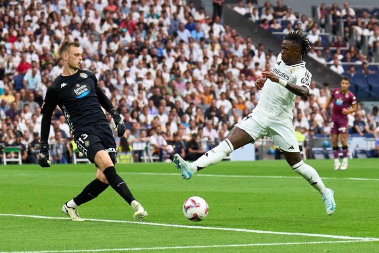 MADRID, SPAIN: Karl Hein of Real Valladolid is challenged by Vinicius Junior of Real Madrid during the La Liga match between Real Madrid CF and Rea...