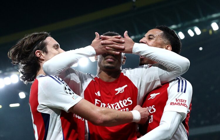 LISBON, PORTUGAL: Gabriel of Arsenal celebrates scoring his team's third goal with teammates during the UEFA Champions League 2024/25 League Phase ...
