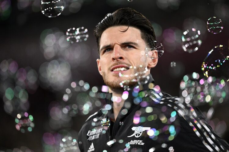 LONDON, ENGLAND: Declan Rice of Arsenal looks on as he walks out of the tunnel through bubbles prior to the Premier League match between West Ham U...