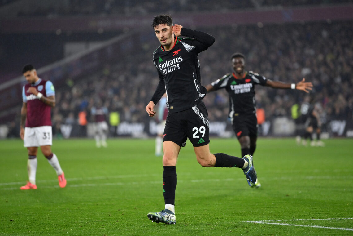 LONDON, ENGLAND - NOVEMBER 30: Kai Havertz of Arsenal celebrates scoring his team's fourth goal during the Premier League match between West Ham Un...