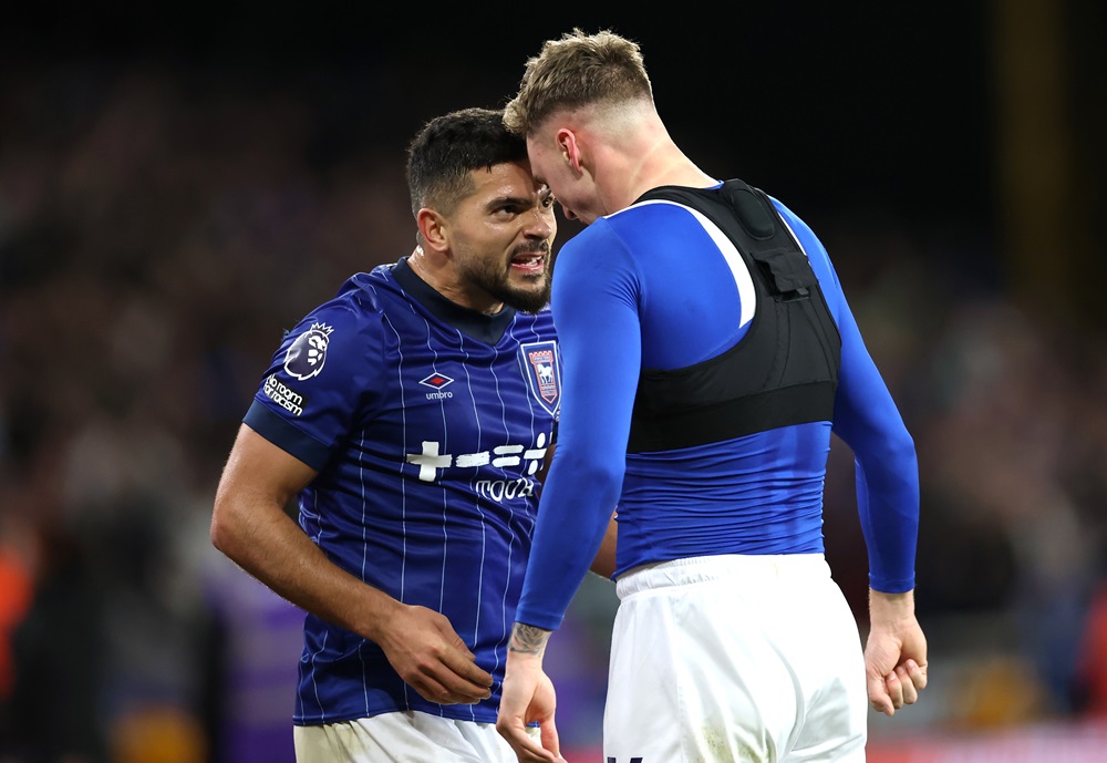 WOLVERHAMPTON, ENGLAND: Jack Taylor celebrates scoring his team's second goal with Sam Morsy of Ipswich Town during the Premier League match between Wolverhampton Wanderers FC and Ipswich Town FC at Molineux on December 14, 2024. (Photo by Dan Istitene/Getty Images)