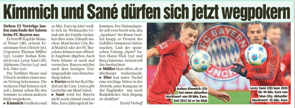Kimmich and Sané can now negotiate their way out BILD Hannover 2 Jan 2025 Author: David Verhoff Joshua Kimmich (29), with a current market value of €50 million, has been at Bayern Munich since 2015. Leroy Sané (28), signed from Manchester City in 2020 for €49 million, is now valued at €45 million. Both players are among seven Bayern Munich stars whose contracts expire at the end of the season. The list also includes captain Manuel Neuer (38), backup goalkeeper Sven Ulreich (36), veteran Thomas Müller (35), left-back Alphonso Davies (24), and defender Eric Dier (30). While Neuer and Ulreich are expected to sign new deals, the remaining five players are free to negotiate with other clubs for summer moves as of January 1. Kimmich, who earns around €20 million per year, reportedly spent his Christmas holiday deliberating his future with his family. Clubs like Manchester City, Real Madrid, and Barcelona can now make formal offers, and Paris Saint-Germain could also reignite their interest. Bayern Munich is eager to have clarity after the team's training resumes today. Davies has been linked with Real Madrid, while rumours also suggest Manchester United could enter the race. Sané, who currently earns a similar salary to Kimmich, is unlikely to receive the same lucrative deal if he renews with Bayern. The German international is said to be willing to accept Bayern's wage-reduction strategy, which aims to cut salaries by 20%. However, Spanish outlet Sport reports that Hansi Flick and Barcelona are interested in the winger, and Arsenal is monitoring his situation. Müller, meanwhile, remains undecided about continuing his career beyond this season. Dier’s future looks increasingly uncertain. While he was a defensive mainstay under Thomas Tuchel, the Englishman has been relegated to the bench under Vincent Kompany, making his departure highly plausible.