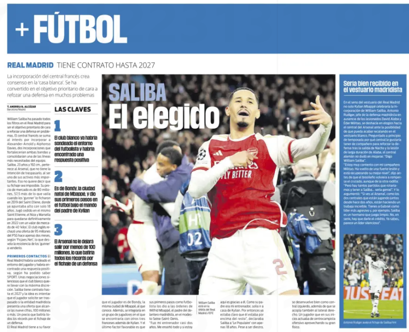 SALIBA: The chosen one The arrival of the French centre-back has created consensus within the "Casa Blanca." He has become the priority target for strengthening a defence plagued with issues. Sport 2 Jan 2025 T. ANDREU / A. ALCÁZAR William Saliba has emerged as Real Madrid's top target to address their defensive struggles. The French centre-back joins a list of defensive reinforcements that includes Trent Alexander-Arnold and Alphonso Davies, two players aimed at solidifying the flanks and addressing a pressing weakness in the squad. At 23 years old and standing 192 cm tall, Saliba currently plays for Arsenal, a club that has no intention of selling one of its most valuable assets. However, this does not make a transfer impossible. Saliba's market value is €80 million, a remarkable increase of €57.5 million since Arsenal signed him in 2019 from Saint-Étienne, where he was already showing promise at just 18 years old. After loan spells at Saint-Étienne, Nice, and Marseille, Saliba became a fixture at Arsenal in 2022, when his market value had risen to €40 million. Arsenal recently rejected a €95 million bid from PSG, as reported by Fichajes.net, highlighting the club's strong resistance to letting him go. Initial contacts According to Sport, Real Madrid has already made discreet inquiries with Saliba's representatives and received a positive response. Negotiations are reportedly being conducted with the utmost discretion. Saliba is under contract with Arsenal until 2027, but Real Madrid’s strategy hinges on convincing the player to request a transfer if a bid exceeding €100 million is tabled. Such a fee would set a new record for a defender’s transfer. Real Madrid may also have an advantage due to Saliba’s roots in Bondy, the same town as Kylian Mbappé, with whom he is acquainted. If signed, Saliba would join a group of French players at the club, alongside Mbappé and three others. Another factor in Madrid’s favour is Saliba’s connection to Wilfrid Mbappé, Kylian’s father, who coached him in his early footballing days at the modest Seine-Saint-Denis club. “He was my coach for almost two years. He taught me everything, and if I’m here today, it’s thanks to him. Since his father was my coach, I often went to Kylian’s house. Even back then, it was clear he was on another level,” Saliba told Le Populaire when he was just 18. Despite being right-footed, Saliba has shown versatility and composure beyond his years, making him an ideal candidate to bolster Real Madrid’s ailing defence. The coming months will reveal whether Madrid’s ambitious pursuit can break Arsenal’s resolve.