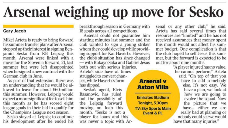 Arsenal weighing up move for Sesko Gary Jacob Mikel Arteta is ready to bring forward his summer transfer plans after Arsenal stepped up their inter...