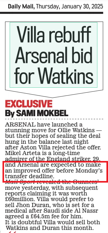 Arsenal to make 2nd bid for Villa striker Ollie Watkins 3 Villa rebuff Arsenal bid for Watkins
Daily Mail30 Jan 2025By SAMI MOKBEL
REUTERS
Top target: Arsenal are keen to snap up Watkins
ARSENAL have launched a stunning move for Ollie Watkins — but their hopes of sealing the deal hung in the balance last night after Aston Villa rejected the offer. Mikel Arteta is a long-time admirer of the England striker, 29, and Arsenal are expected to make an improved offer before Monday’s transfer deadline.
Mail Sport revealed the Gunners’ move yesterday, with subsequent reports claiming it was worth £60million. Villa would prefer to sell Jhon Duran, who is set for a medical after Saudi side Al Nassr agreed a £64.5m fee for him.
It is doubtful Villa would sell both Watkins and Duran this month.
THE timing of Arsenal’s bid for Ollie Watkins shows that with Aston Villa, football’s wealthiest clubs smell blood. Villa are furious the Gunners made their offer for Watkins — a boyhood Arsenal fan — a matter of hours before their crucial game against Celtic. It risked unsettling a key player but the football world has long known Villa need to make a big sale this month, and that is why Arsenal were prepared to upset them. Villa are vulnerable. Without selling Douglas Luiz to Juventus last June, the club risked a points deduction and meeting Premier League spending rules is likely to be a balancing act for them again. Arsenal knew their timing would anger Villa but are confident Watkins would be keen on the move.
Given Watkins’ fellow striker Jhon Duran looks likely to join Saudi club Al Nassr in the next 24 hours, it is highly unlikely Villa would allow their other main goalscorer to leave before the window shuts on Monday. Indeed, Villa do not want to sell Watkins and had planned to address the matter after the Celtic match. Though the departure of Duran for about £64.5million would keep the wolf from the door for now, Arsenal’s Watkins bid sends a message: Villa’s rivals think their best players are gettable and they will be back in the summer. Watkins would be ideal for Arsenal, who are trying to mount a title challenge without an orthodox No 9. The 29-year-old, who scored in a 2-2 draw at the Emirates Stadium earlier this month, is an excellent finisher with the pace to stretch opponents and expose deep defences.
As his battle with Duran has shown, Watkins goes into his shell a little when he has competition. He would not have that problem at Arsenal. Do not be surprised if Arsenal bid again in the next few days and, if they are unsuccessful, have another try in June. Clubs will also target Morgan Rogers, Boubacar Kamara and Jacob Ramsey. With Villa’s wage bill totalling more than 90 per cent of their revenue, the books must be balanced and the easiest way to do this is to sell players.
It’s easy to have sympathy for Villa. Profit and sustainability rules are a constant battle when you do not have the financial might of Manchester United, Liverpool or Arsenal. By finishing fourth last year, Villa gave the so-called big six a shake-up and they could yet do so again this season. But those dreams come at a cost. Sooner or later, clubs of Villa’s means have to rein in their ambition. Arsenal’s move for Watkins suggests Villa’s rivals believe they have hit the glass ceiling.
Article Name:Villa rebuff Arsenal bid for Watkins
Publication:Daily Mail
Author:By SAMI MOKBEL
Start Page:72
End Page:72