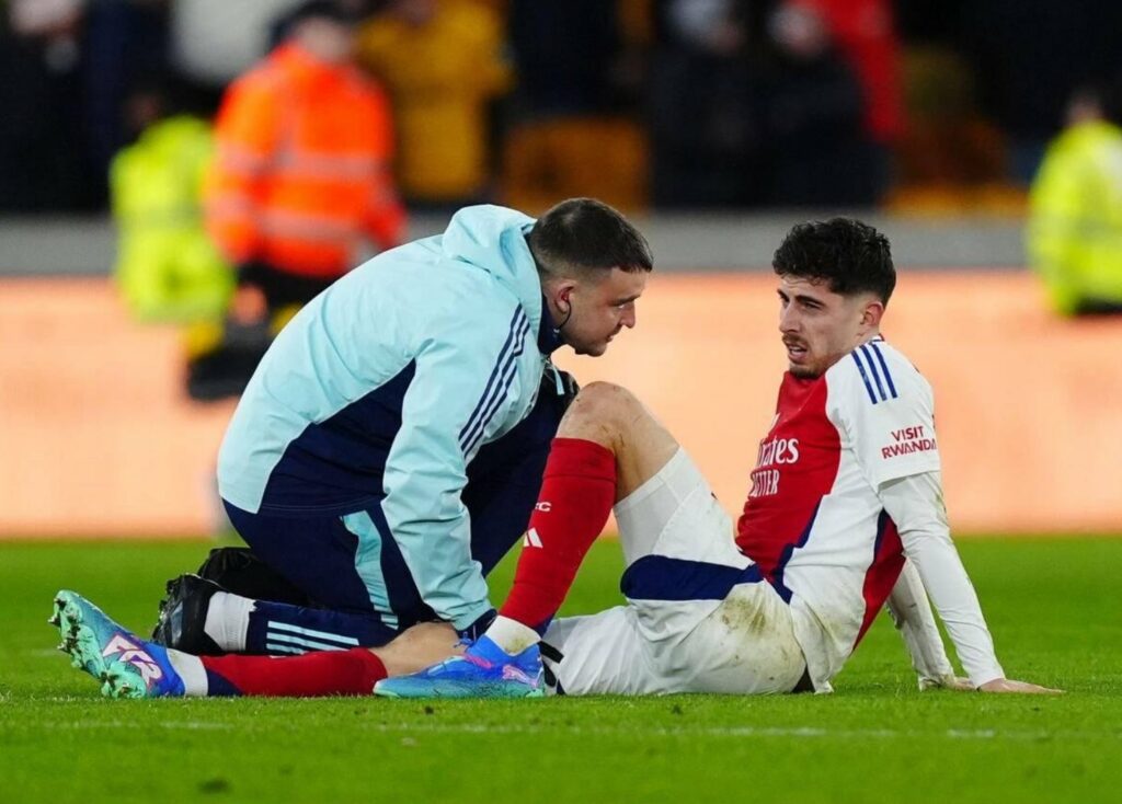 Arsenal’s injury woes continue with double setback 2 Arsenal's Kai Havertz receives treatment at the end of a game against Wolverhampton Wanderers on Saturday, January 25th, 2025 (Photo via @DailyAFC on Twitter)