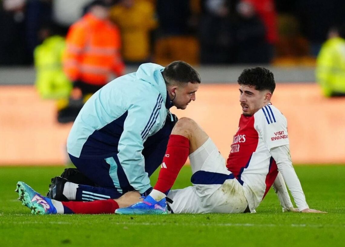 Arsenal's Kai Havertz receives treatment at the end of a game against Wolverhampton Wanderers on Saturday, January 25th, 2025 (Photo via @DailyAFC ...