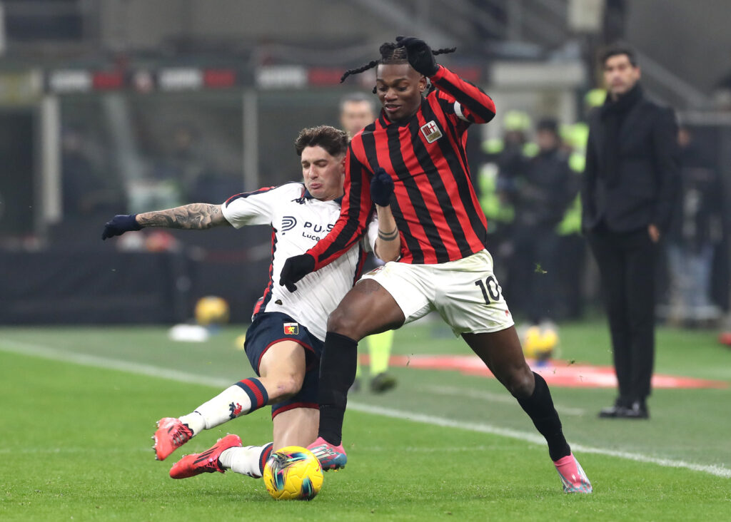 Leão future to be decided at meeting amid Arsenal interest 3 MILAN, ITALY - DECEMBER 15: Rafael Leao of AC Milan is challenged by Alessandro Zanoli of Genoa during the Serie A match between AC Milan and Genoa at Stadio Giuseppe Meazza on December 15, 2024 in Milan, Italy. (Photo by Marco Luzzani/Getty Images)
