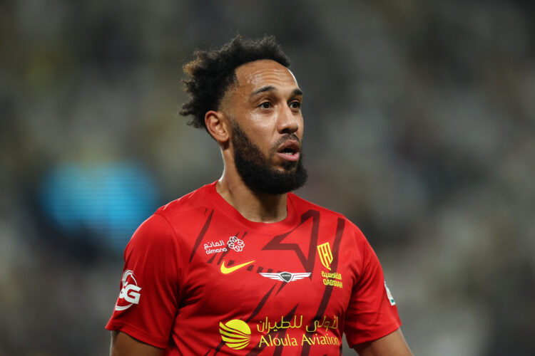 RIYADH, SAUDI ARABIA - NOVEMBER 22: Pierre-Emerick Aubameyang of Al-Qadisiyah looks on during the Saudi Pro League match between Al-Nassr and Al-Qa...