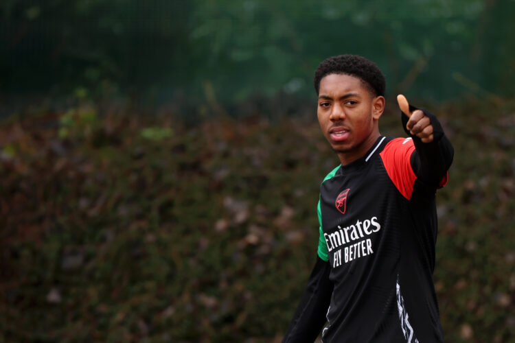 LONDON COLNEY, ENGLAND - JANUARY 28: Myles Lewis-Skelly of Arsenal during the UEFA Champions League 2024/25 League Phase MD8 training and press con...