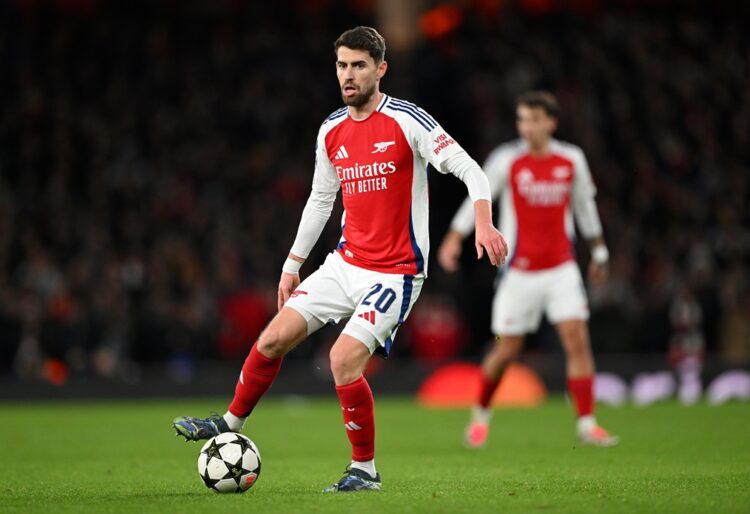 LONDON, ENGLAND: Jorginho of Arsenal passes the ball during the UEFA Champions League 2024/25 League Phase MD6 match between Arsenal FC and AS Mona...