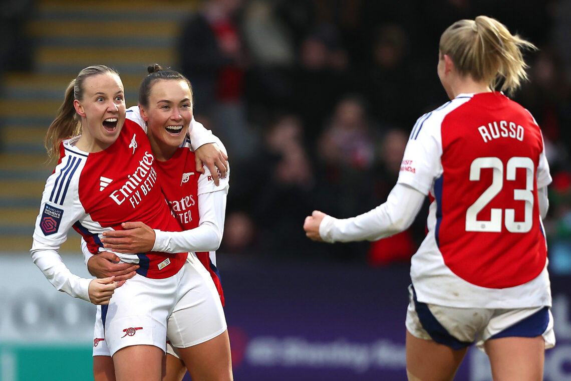 BOREHAMWOOD, ENGLAND - JANUARY 19: Beth Mead of Arsenal celebrates scoring her team's third goal with Caitlin Foord and Alessia Russo during the Ba...