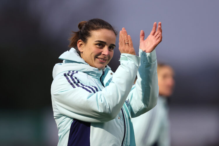 BOREHAMWOOD, ENGLAND - JANUARY 19: Renee Slegers, Manager of Arsenal, applauds the fans after the team's victory in the Barclays Women's Super Leag...