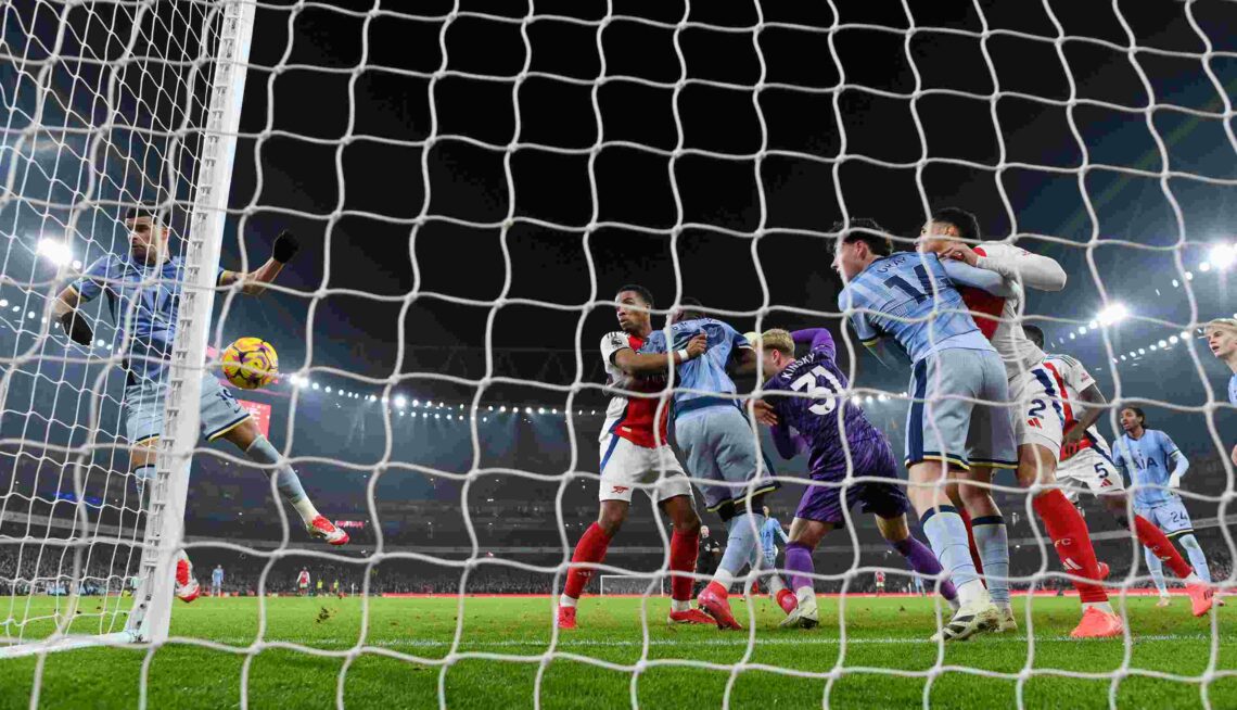 LONDON, ENGLAND - JANUARY 15: Dominic Solanke of Tottenham Hotspur scores an own-goal during the Premier League match between Arsenal FC and Totten...