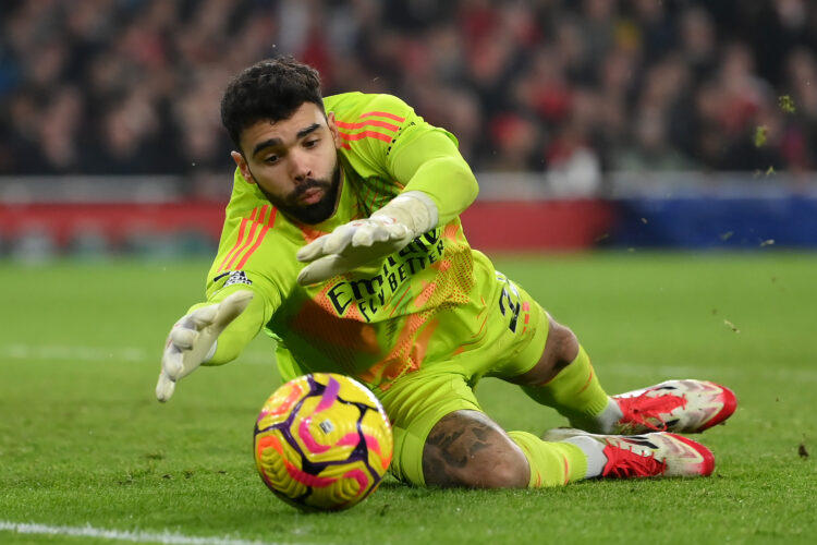 LONDON, ENGLAND - JANUARY 15: David Raya of Arsenal makes a save during the Premier League match between Arsenal FC and Tottenham Hotspur FC at Emi...