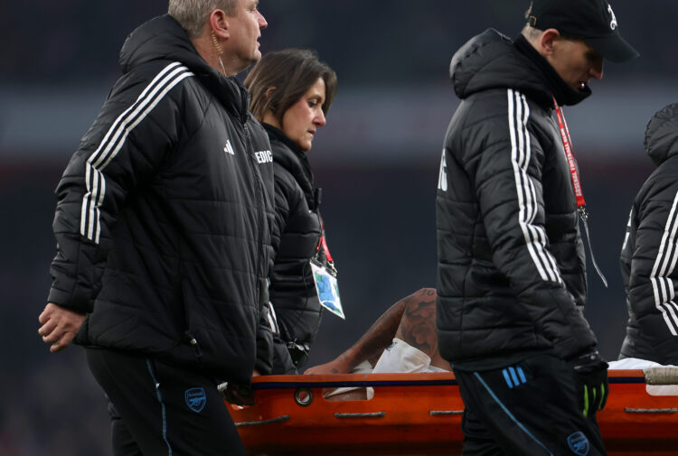LONDON, ENGLAND - JANUARY 12: Gabriel Jesus of Arsenal leaves the pitch on a stretcher during the Emirates FA Cup Third Round match between Arsenal...