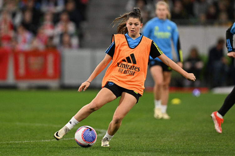 MELBOURNE, AUSTRALIA - MAY 23: Maddison Earl of Arsenal in action during a Arsenal Women Press Conference & Training Session at AAMI Park on Ma...