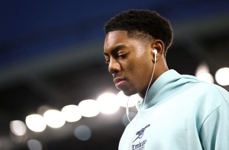 BRIGHTON, ENGLAND: Myles Lewis-Skelly of Arsenal inspects the pitch prior to the Premier League match between Brighton & Hove Albion FC and Ars...