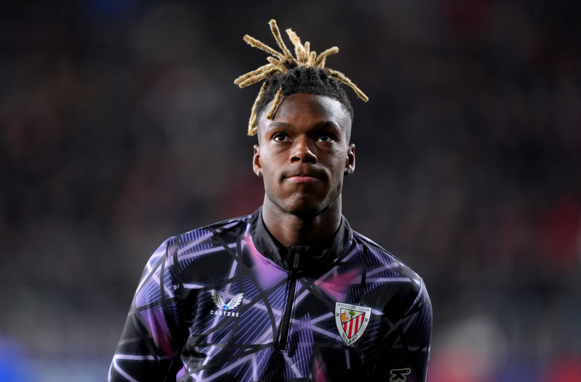 PAMPLONA, SPAIN - DECEMBER 21: Nico Williams of Athletic Club warms up prior to the LaLiga match between CA Osasuna and Athletic Club at Estadio El...
