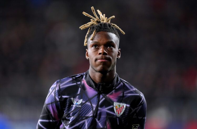 PAMPLONA, SPAIN - DECEMBER 21: Nico Williams of Athletic Club warms up prior to the LaLiga match between CA Osasuna and Athletic Club at Estadio El...