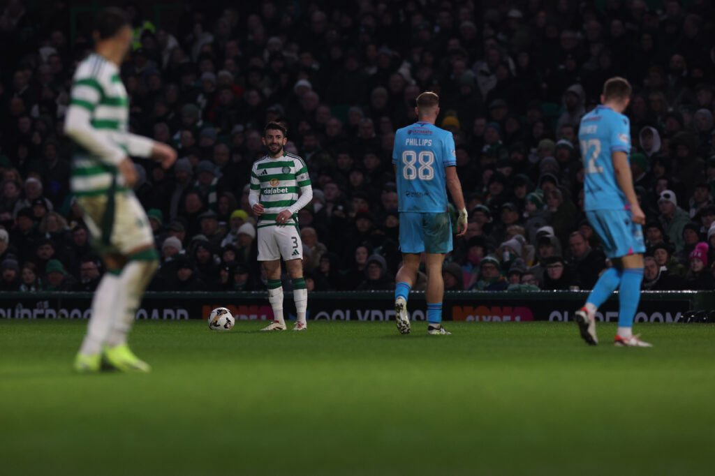 GLASGOW, SCOTLAND - JANUARY 05: Greg Taylor of Celtic is seen during a power failure the William Hill Premiership match between Celtic FC and St. Mirren FC at Celtic Park on January 05, 2025 in Glasgow, Scotland. (Photo by Ian MacNicol/Getty Images)