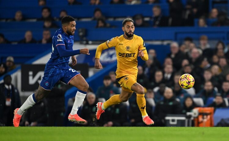 LONDON, ENGLAND: Matheus Cunha of Wolverhampton Wanderers runs for the ball under pressure from Reece James of Chelsea during the Premier League ma...