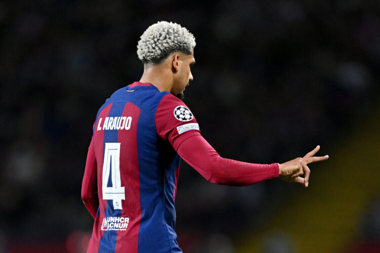 BARCELONA, SPAIN - APRIL 16: Ronald Araujo of FC Barcelona gestures as he leaves the pitch after being shown a red card by Referee Istvan Kovacs (n...