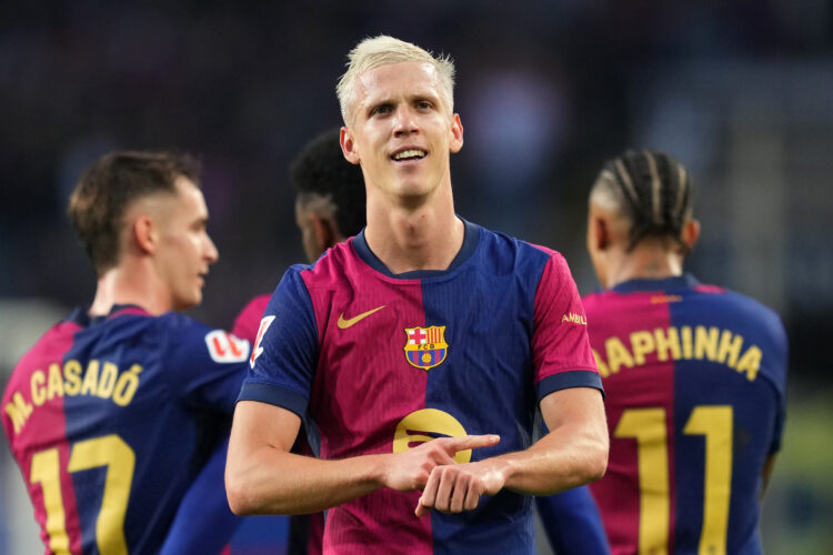 BARCELONA, SPAIN - NOVEMBER 03: Dani Olmo of FC Barcelona celebrates scoring his team's third goal during the La Liga EA Sports match between FC Ba...