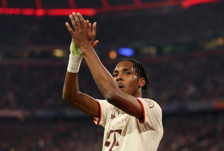MUNICH, GERMANY: Mathys Tel of Bayern Munich applauds the fans as he is substituted off during the UEFA Champions League 2024/25 League Phase MD8 m...