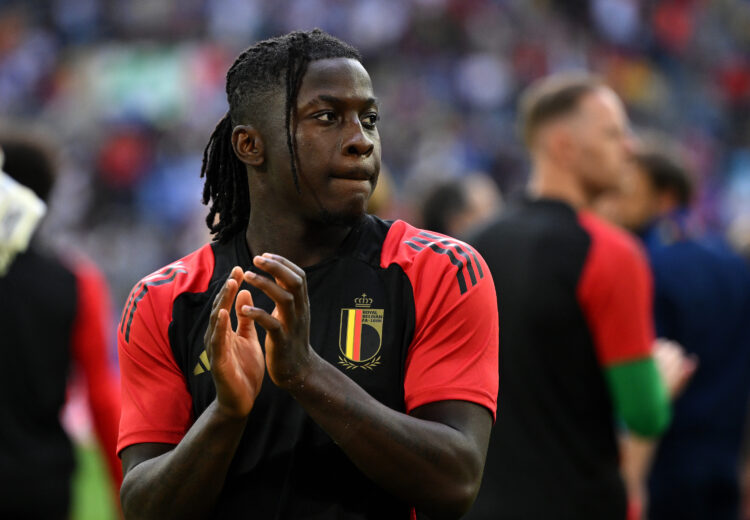 DUSSELDORF, GERMANY - JULY 01: Johan Bakayoko of Belgium applauds the fans after the UEFA EURO 2024 round of 16 match between France and Belgium at...