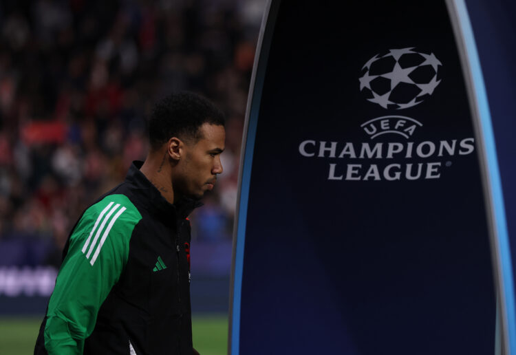 GIRONA, SPAIN - JANUARY 29: Gabriel Magalhaes of Arsenal walks out onto the pitch during the UEFA Champions League 2024/25 League Phase MD8 match b...