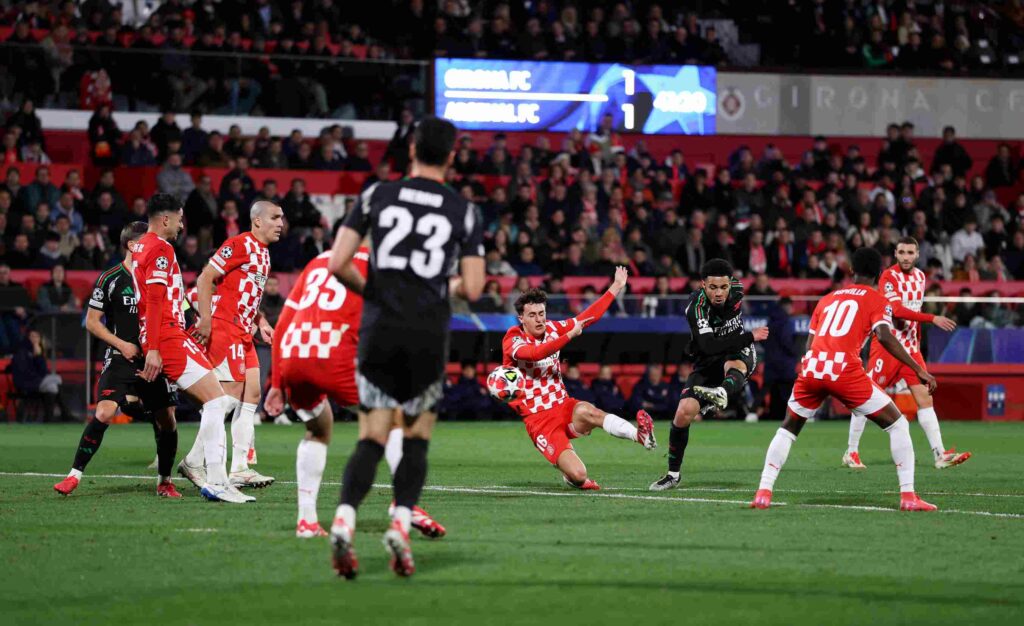GIRONA, SPAIN - JANUARY 29: Ethan Nwaneri of Arsenal scores his team's second goal during the UEFA Champions League 2024/25 League Phase MD8 match between Girona FC and Arsenal FC at Montilivi Stadium on January 29, 2025 in Girona, Spain. (Photo by Ryan Pierse/Getty Images)