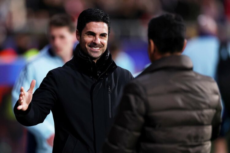 GIRONA, SPAIN - JANUARY 29: Mikel Arteta, Manager of Arsenal, and Michel, Head Coach of Girona FC, interact prior to the UEFA Champions League 2024...