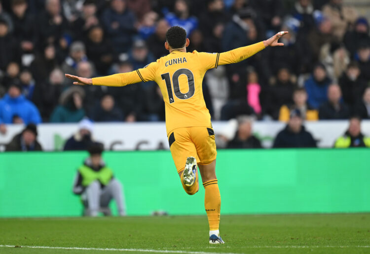 LEICESTER, ENGLAND - DECEMBER 22: Matheus Cunha of Wolverhampton Wanderers celebrates scoring his team's third goal during the Premier League match...