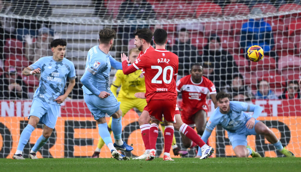 MIDDLESBROUGH, ENGLAND - JANUARY 04: Cardiff City player Calum Chambers (l) shoots to score the first City goal during the Sky Bet Championship match between Middlesbrough FC and Cardiff City FC at Riverside Stadium on January 04, 2025 in Middlesbrough, England. (Photo by Stu Forster/Getty Images)