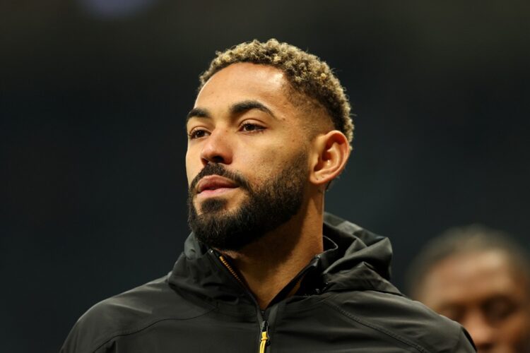 NEWCASTLE UPON TYNE, ENGLAND: Matheus Cunha of Wolverhampton Wanderers looks on as the team warms up prior to the Premier League match between Newc...