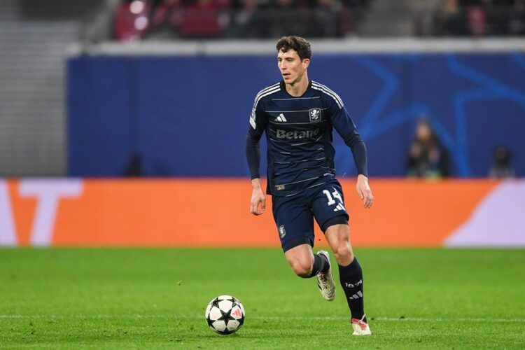 LEIPZIG, GERMANY: Pau Torres of Aston Villa controls the ball during the UEFA Champions League 2024/25 League Phase MD6 match between RB Leipzig an...