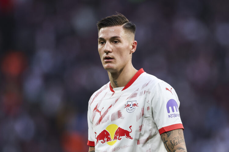 LEIPZIG, GERMANY - JANUARY 12: Benjamin Sesko of RB Leipzig looks on during the Bundesliga match between RB Leipzig and SV Werder Bremen at Red Bul...