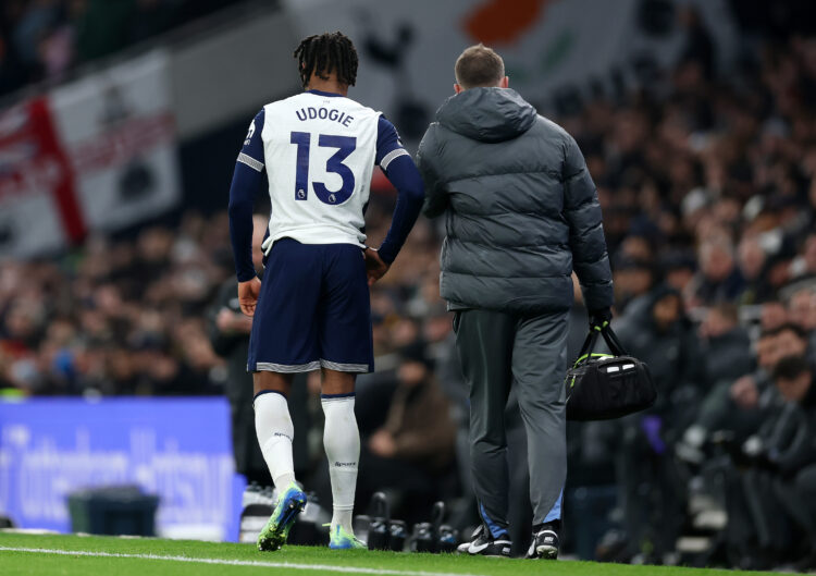 LONDON, ENGLAND - DECEMBER 29: Destiny Udogie of Tottenham Hotspur leaves the pitch injured during the Premier League match between Tottenham Hotsp...