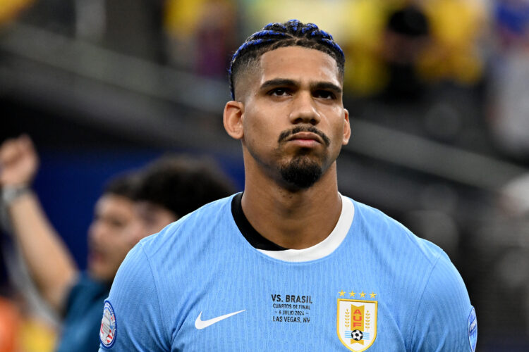 LAS VEGAS, NEVADA - JULY 06: Ronald Araujo of Uruguay lines up prior to the CONMEBOL Copa America 2024 quarterfinal match between Uruguay and Brazi...
