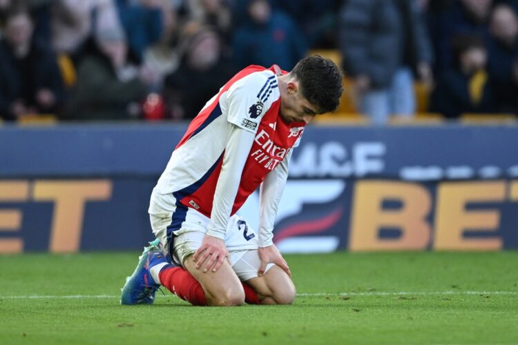 WOLVERHAMPTON, ENGLAND - JANUARY 25: Kai Havertz of Arsenal reacts during the Premier League match between Wolverhampton Wanderers FC and Arsenal F...