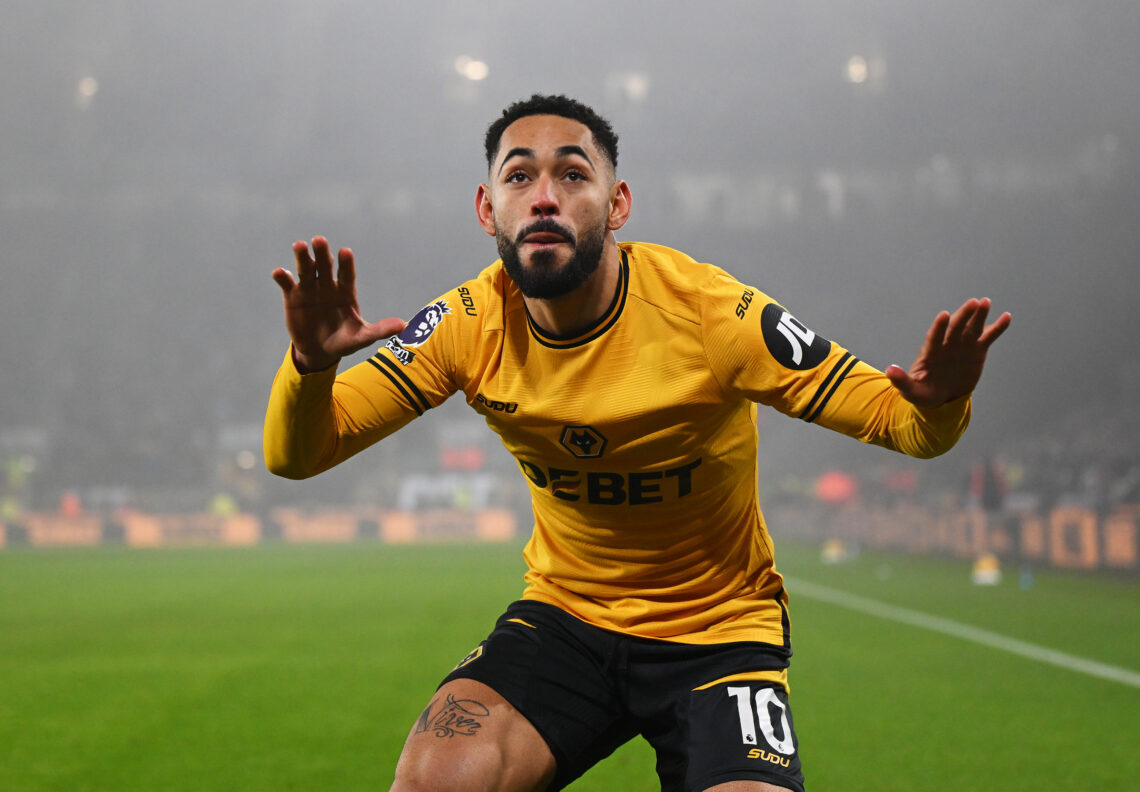 WOLVERHAMPTON, ENGLAND - DECEMBER 26: Matheus Cunha of Wolverhampton Wanderers celebrates scoring his team's first goal during the Premier League m...