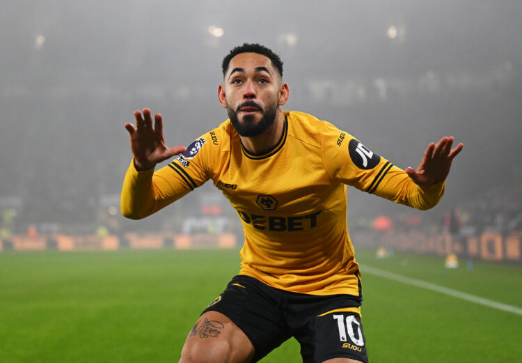 WOLVERHAMPTON, ENGLAND - DECEMBER 26: Matheus Cunha of Wolverhampton Wanderers celebrates scoring his team's first goal during the Premier League m...