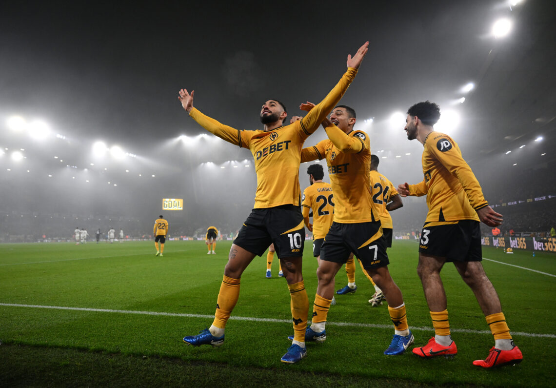 WOLVERHAMPTON, ENGLAND - DECEMBER 26: Matheus Cunha of Wolverhampton Wanderers celebrates scoring his team's first goal with teammates during the P...