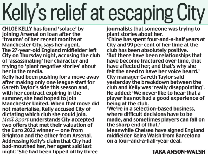 Kelly speaks out after move as Arsenal capitalise on City rift 4 Kelly’s relief at escaping City Daily Mail1 Feb 2025TARA ANSON-WALSH CHLOE KELLY has found ‘solace’ by joining Arsenal on loan after the ‘trauma’ of her recent months at Manchester City, says her agent. The 27-year-old England midfielder left City on Thursday night, accusing the club of ‘assassinating’ her character and trying to ‘plant negative stories’ about her in the media. Kelly had been pushing for a move away after making only one league start for Gareth Taylor’s side this season and, with her contract expiring in the summer, she had hoped to join Manchester United. When that move did not materialise, Kelly accused City of dictating which club she could join. Mail Sport understands City accepted two offers that met their valuation of the Euro 2022 winner — one from Brighton and the other from Arsenal. Addressing Kelly’s claim that City had bad-mouthed her, her agent said last night: ‘She had been tipped off by three journalists that someone was trying to plant stories about her. ‘Chloe has spent four-and-a-half years at City and 99 per cent of her time at the club has been absolutely positive. ‘But there have been relationships that have become fractured over time, that have affected her, and that’s why she felt the need to have her voice heard.’ City manager Gareth Taylor said yesterday the breakdown between the club and Kelly was ‘really disappointing’. He added: ‘We never like to hear that a player has not had a good experience of being at the club. ‘We’re in a selection-based business, where difficult decisions have to be made, and sometimes players can fall on the sharp end of that.’ Meanwhile Chelsea have signed England midfielder Keira Walsh from Barcelona on a four-and-a-half-year deal. Article Name:Kelly’s relief at escaping City Publication:Daily Mail Author:TARA ANSON-WALSH Start Page:8 End Page:8