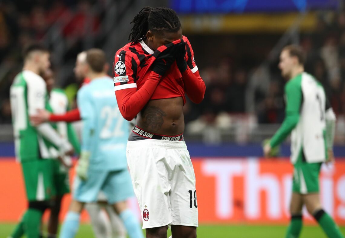 MILAN, ITALY - FEBRUARY 18: Rafael Leao of AC Milan reacts during the UEFA Champions League 2024/25 League Knockout Play-off second leg match betwe...
